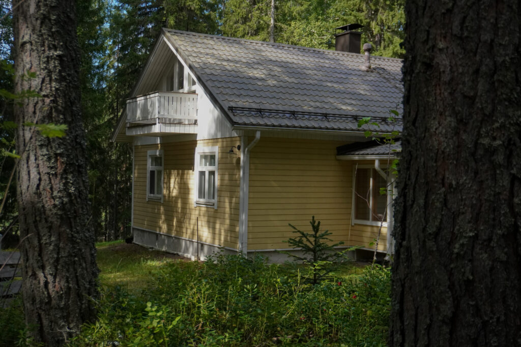 Keltainen mökki metsässä